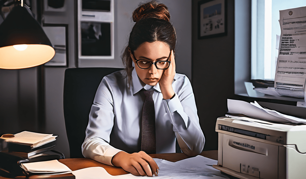 금융 기관 직원이 잘못된 이자율을 입력하여 고객이 불만을 표시하고, 책상 위 계약서에는 취소 도장이 찍혀 있는 은행 업무 실수 상황을 묘사한 이미지입니다.