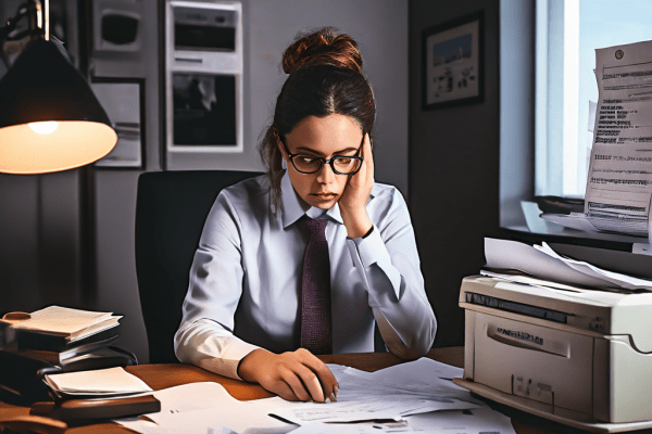 금융 기관 직원이 잘못된 이자율을 입력하여 고객이 불만을 표시하고, 책상 위 계약서에는 취소 도장이 찍혀 있는 은행 업무 실수 상황을 묘사한 이미지입니다.
