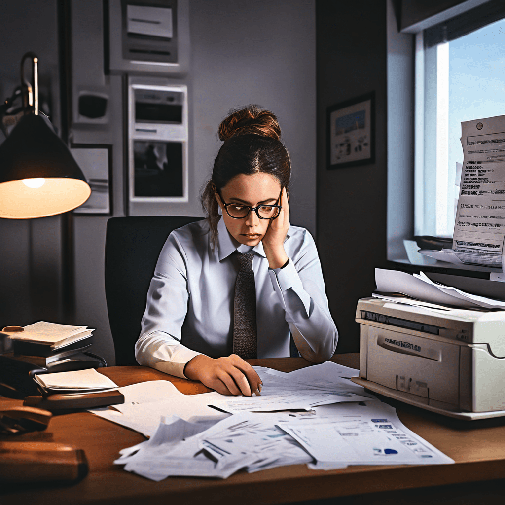 금융 기관 직원이 잘못된 이자율을 입력하여 고객이 불만을 표시하고, 책상 위 계약서에는 취소 도장이 찍혀 있는 은행 업무 실수 상황을 묘사한 이미지입니다.
