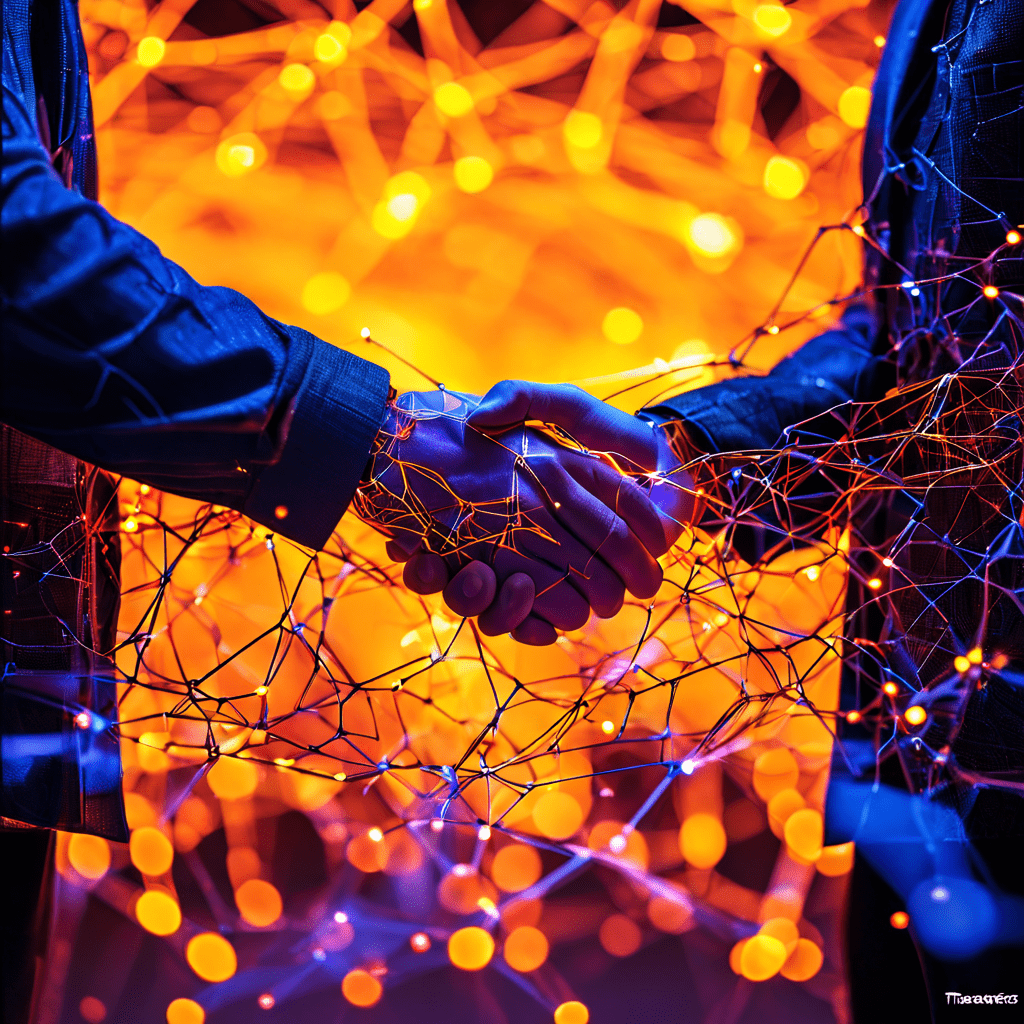 신뢰 기반 시스템의 한계를 상징적으로 표현한 이미지로, 복잡하게 연결된 발광하는 악수 네트워크가 'Trust-Based'라는 중앙 노드에서 정체되고 병목 현상을 겪고 있습니다.