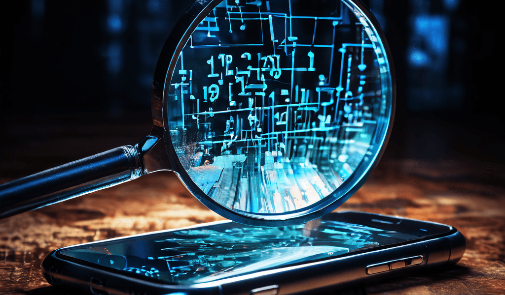 1번째 이미지는 망가진 스마트폰 화면 위에 놓인 돋보기를 통해 ID 번호와 이메일 같은 개인정보가 디지털 유출물로 새어나오는 모습을 상징적으로 보여주는 데이터 유출 및 개인정보 보호 경각심 이미지입니다.