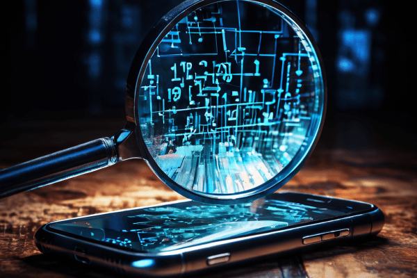 1번째 이미지는 망가진 스마트폰 화면 위에 놓인 돋보기를 통해 ID 번호와 이메일 같은 개인정보가 디지털 유출물로 새어나오는 모습을 상징적으로 보여주는 데이터 유출 및 개인정보 보호 경각심 이미지입니다.