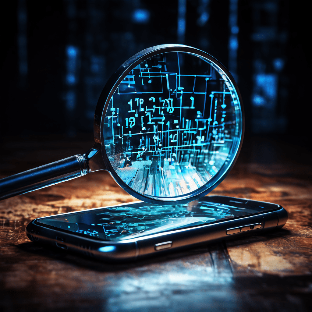 1번째 이미지는 망가진 스마트폰 화면 위에 놓인 돋보기를 통해 ID 번호와 이메일 같은 개인정보가 디지털 유출물로 새어나오는 모습을 상징적으로 보여주는 데이터 유출 및 개인정보 보호 경각심 이미지입니다.