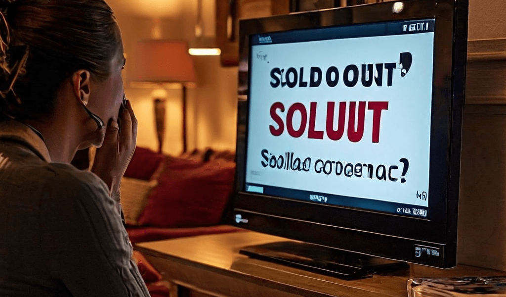 홈쇼핑 화면에 품절 안내가 떠 있는 동안, 좌절한 시청자가 장시간 대기 중인 고객센터 통화 화면을 바라보고 있는 모습을 담은 이미지입니다.