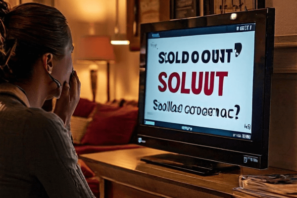 홈쇼핑 화면에 품절 안내가 떠 있는 동안, 좌절한 시청자가 장시간 대기 중인 고객센터 통화 화면을 바라보고 있는 모습을 담은 이미지입니다.