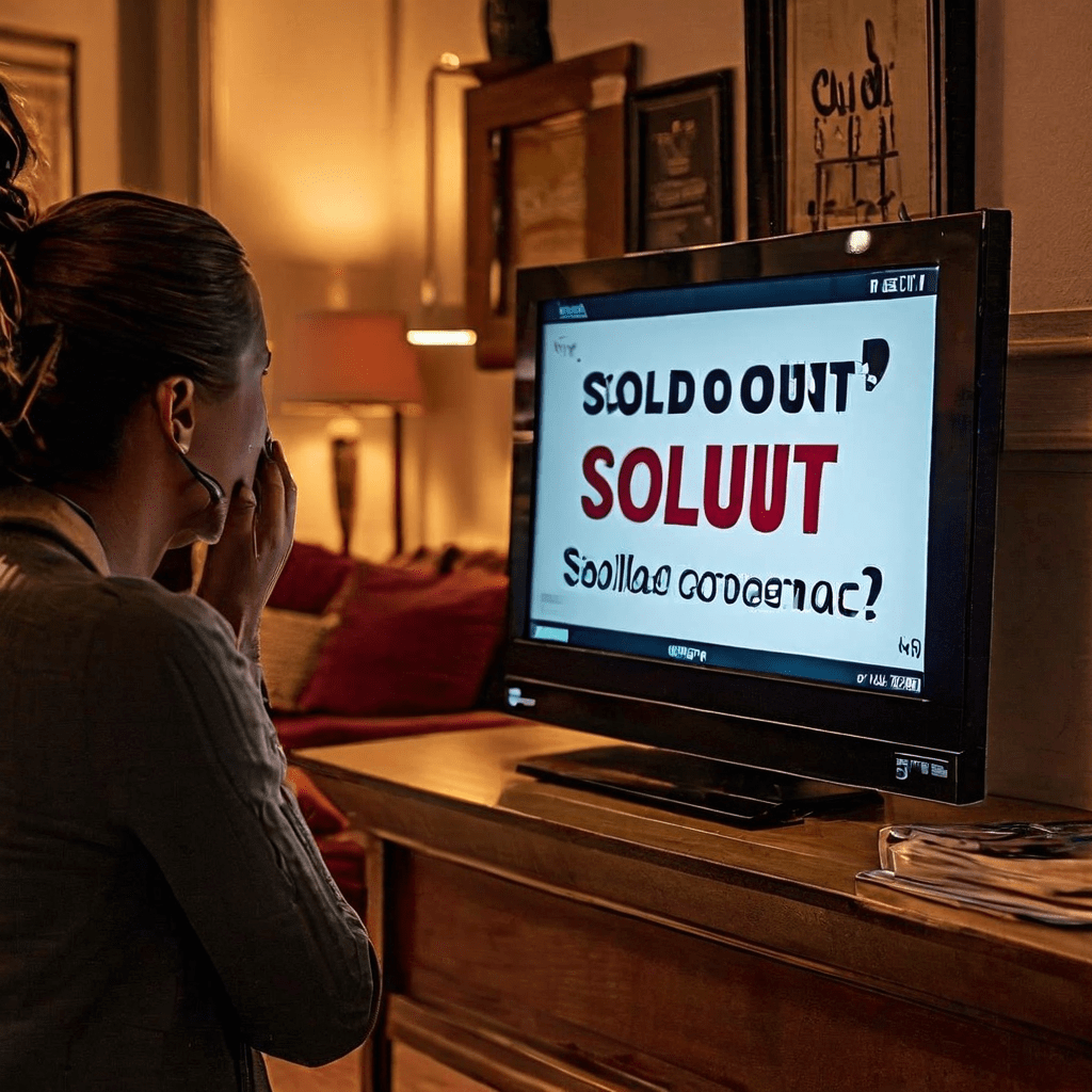 홈쇼핑 화면에 품절 안내가 떠 있는 동안, 좌절한 시청자가 장시간 대기 중인 고객센터 통화 화면을 바라보고 있는 모습을 담은 이미지입니다.