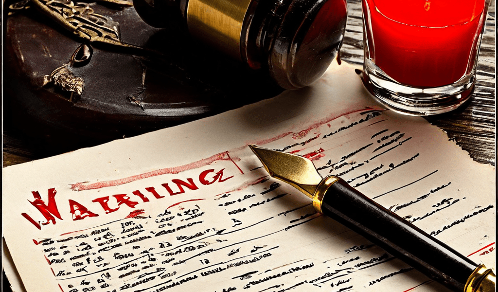 위조 서명이 적힌 법률 문서 위에 경고 도장이 찍히고 법봉이 내려치는 모습으로 법적 위반의 심각성을 강조하는 이미지입니다.