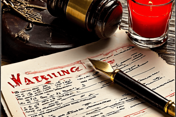 위조 서명이 적힌 법률 문서 위에 경고 도장이 찍히고 법봉이 내려치는 모습으로 법적 위반의 심각성을 강조하는 이미지입니다.