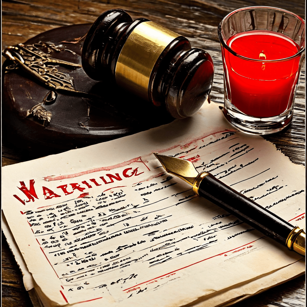 위조 서명이 적힌 법률 문서 위에 경고 도장이 찍히고 법봉이 내려치는 모습으로 법적 위반의 심각성을 강조하는 이미지입니다.