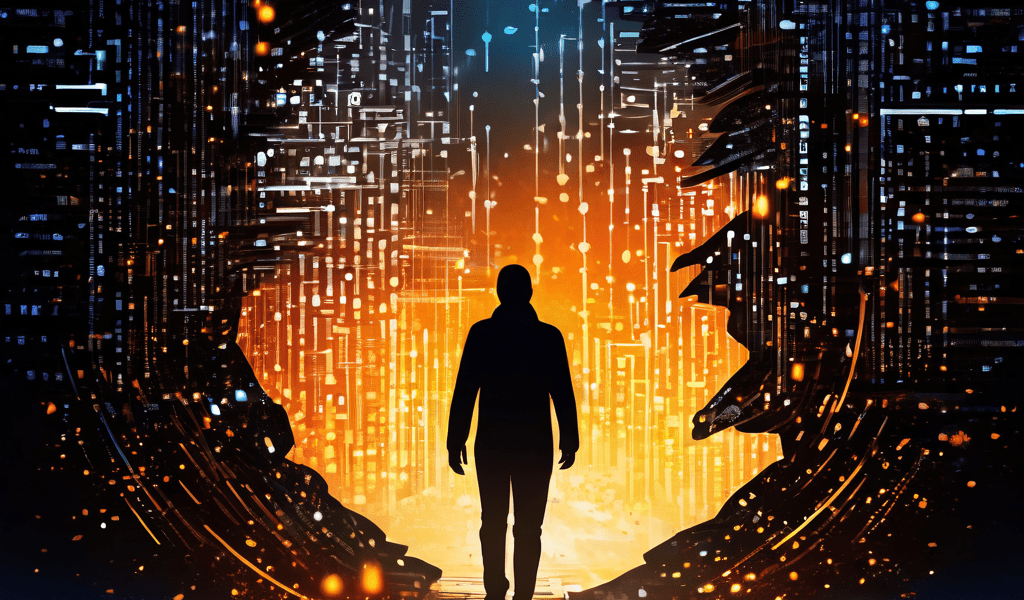 디지털 지문이 조각나며 사생활 침해와 데이터 유출의 위험을 상징적으로 표현한 이미지로, 해커가 빛나는 개인정보 조각을 훔쳐가는 모습과 함께 바이너리 코드가 새어나오고 있습니다.