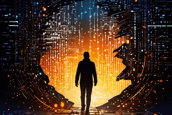 디지털 지문이 조각나며 사생활 침해와 데이터 유출의 위험을 상징적으로 표현한 이미지로, 해커가 빛나는 개인정보 조각을 훔쳐가는 모습과 함께 바이너리 코드가 새어나오고 있습니다.