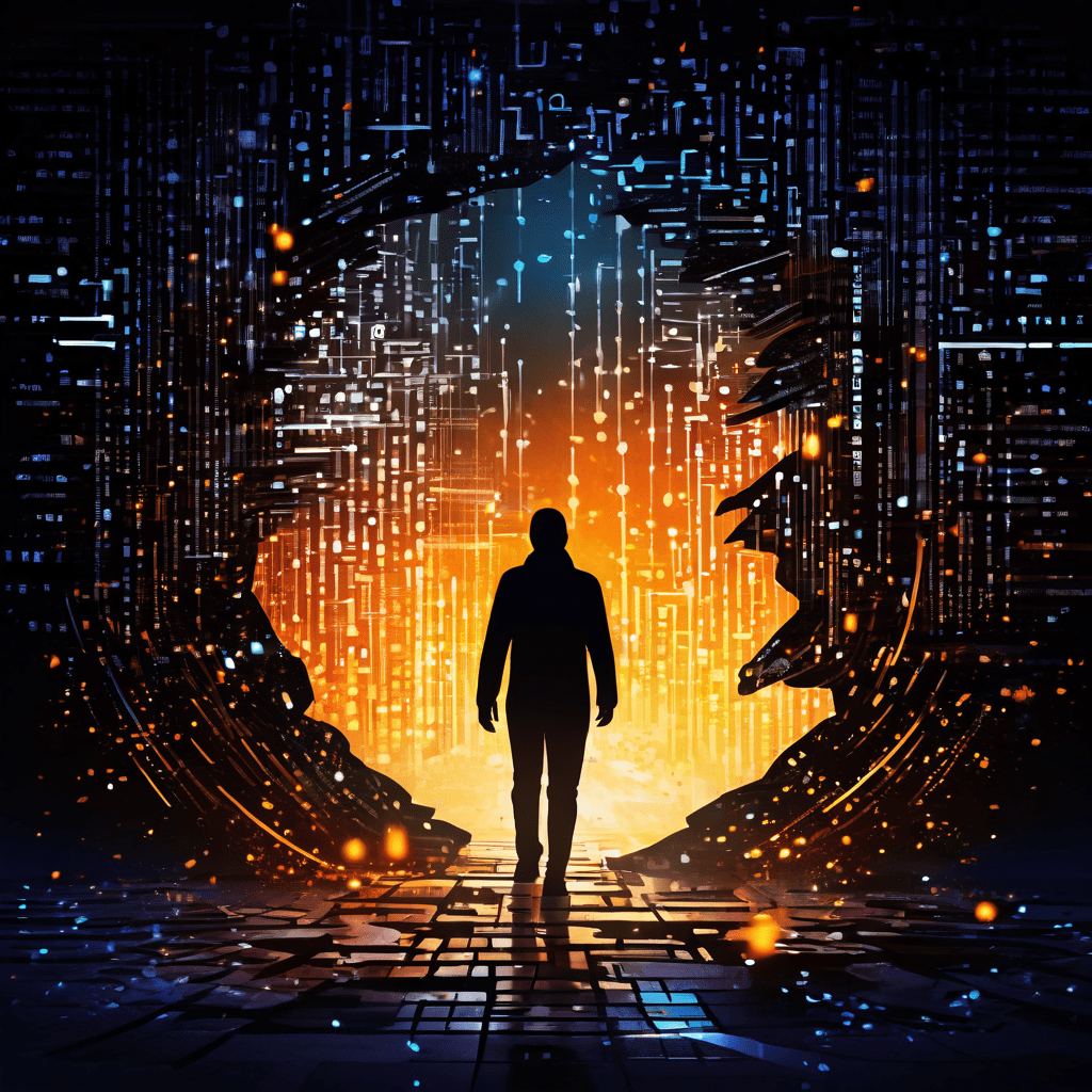 디지털 지문이 조각나며 사생활 침해와 데이터 유출의 위험을 상징적으로 표현한 이미지로, 해커가 빛나는 개인정보 조각을 훔쳐가는 모습과 함께 바이너리 코드가 새어나오고 있습니다.