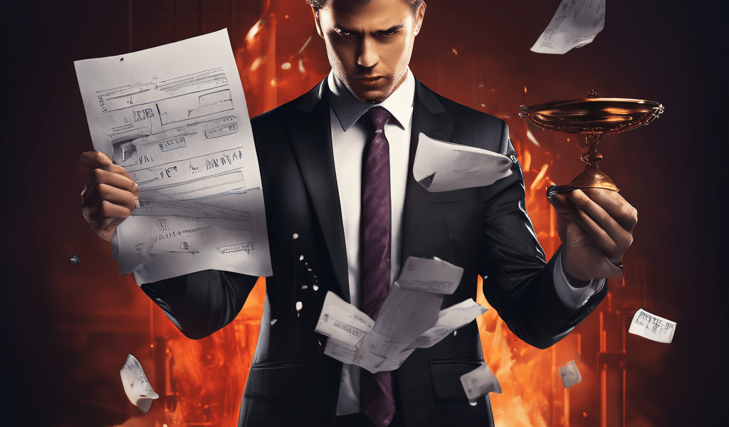 법적 분쟁과 기술적 오류로 인해 합격 통지서가 찢어지는 상황 속에서 정장을 입은 인물이 단호한 자세로 문제 해결을 준비하는 모습을 상징적으로 표현한 이미지입니다.