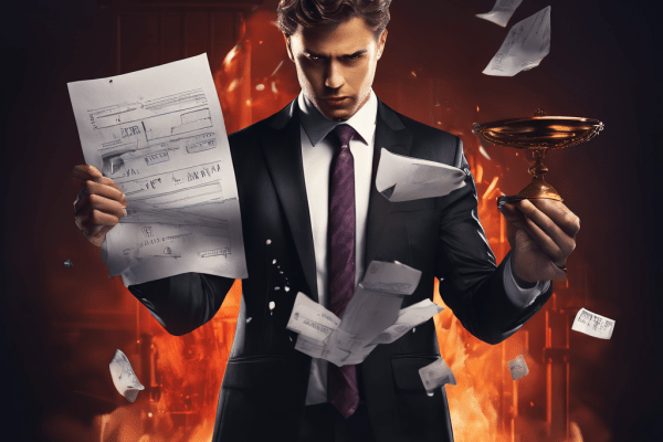 법적 분쟁과 기술적 오류로 인해 합격 통지서가 찢어지는 상황 속에서 정장을 입은 인물이 단호한 자세로 문제 해결을 준비하는 모습을 상징적으로 표현한 이미지입니다.