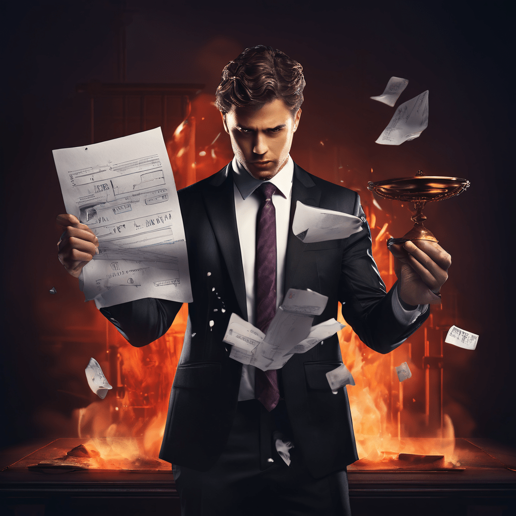 법적 분쟁과 기술적 오류로 인해 합격 통지서가 찢어지는 상황 속에서 정장을 입은 인물이 단호한 자세로 문제 해결을 준비하는 모습을 상징적으로 표현한 이미지입니다.