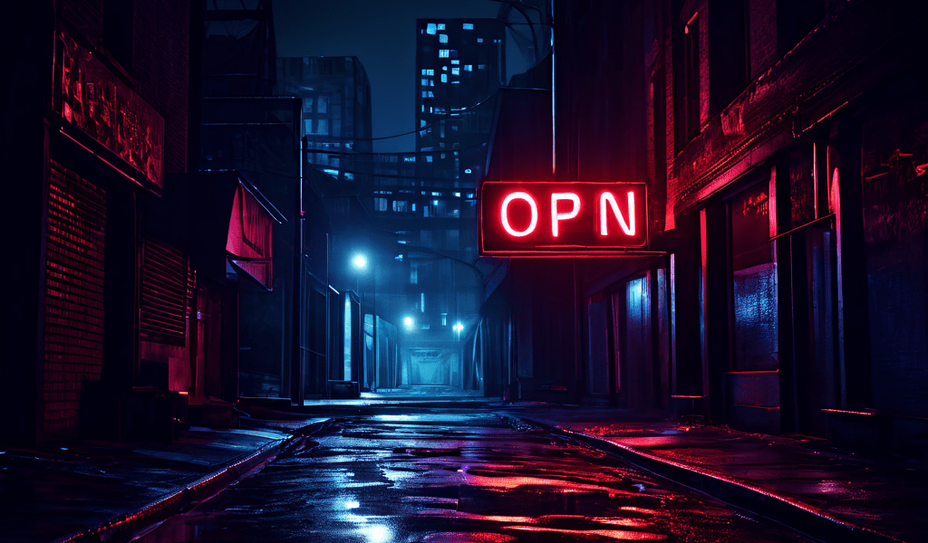 한밤중에 버려진 도시의 거리를 홀로 깜빡이는 네온 'OPEN' 간판이 비추고, 희미한 금융 차트와 유령 같은 'CLOSED' 간판들이 그림자 속으로 스멀스멀 사라지는 풍경을 묘사한 이미지입니다.