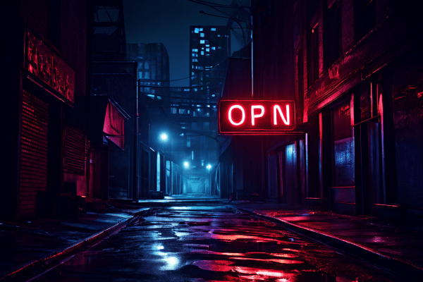 한밤중에 버려진 도시의 거리를 홀로 깜빡이는 네온 'OPEN' 간판이 비추고, 희미한 금융 차트와 유령 같은 'CLOSED' 간판들이 그림자 속으로 스멀스멀 사라지는 풍경을 묘사한 이미지입니다.