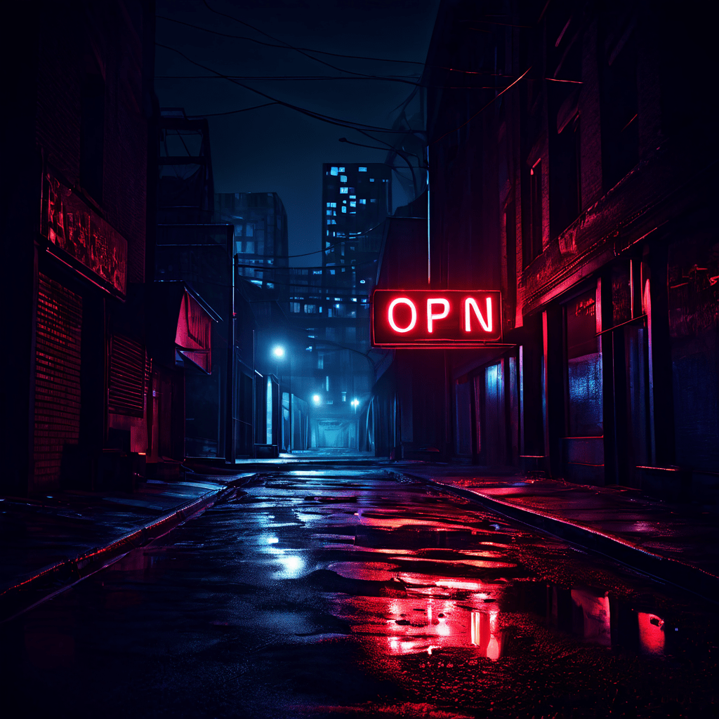 한밤중에 버려진 도시의 거리를 홀로 깜빡이는 네온 'OPEN' 간판이 비추고, 희미한 금융 차트와 유령 같은 'CLOSED' 간판들이 그림자 속으로 스멀스멀 사라지는 풍경을 묘사한 이미지입니다.