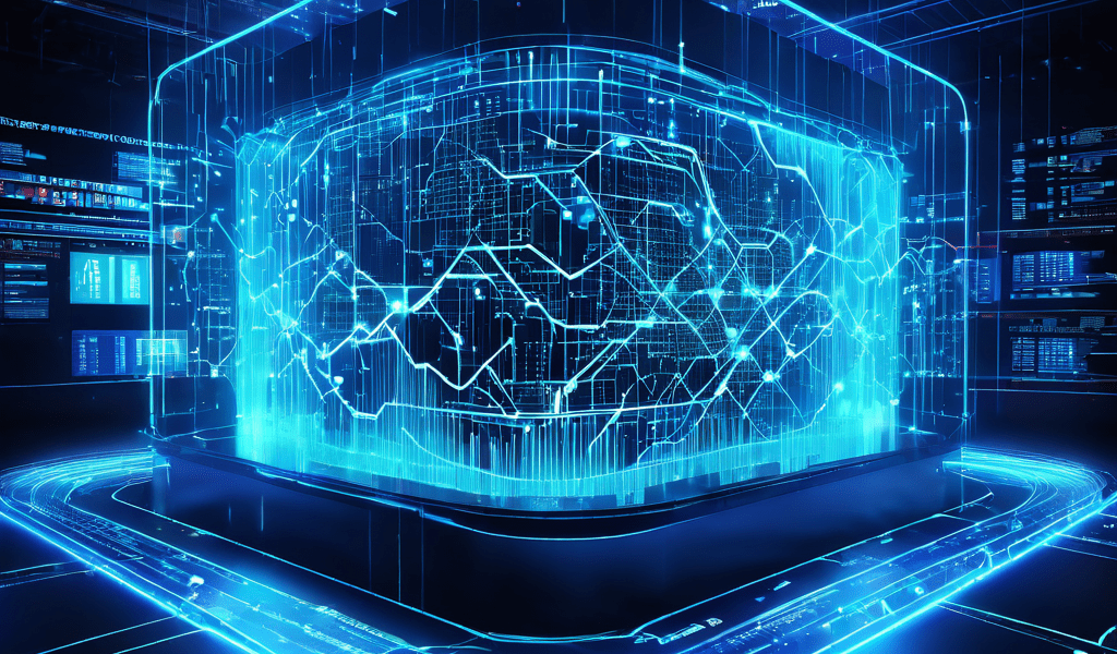 디지털 주식 거래 네트워크의 구조적 분석을 보여주는 이미지로, 데이터 흐름과 취약점을 식별하며 네트워크를 보호하는 빛나는 보안 장치가 구현되어 있습니다.