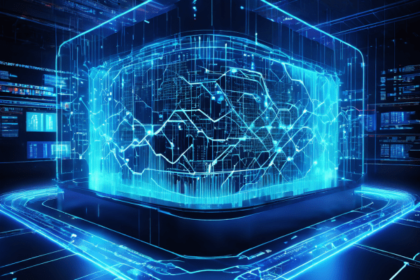 디지털 주식 거래 네트워크의 구조적 분석을 보여주는 이미지로, 데이터 흐름과 취약점을 식별하며 네트워크를 보호하는 빛나는 보안 장치가 구현되어 있습니다.