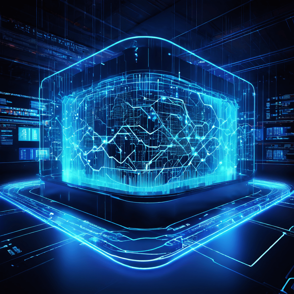 디지털 주식 거래 네트워크의 구조적 분석을 보여주는 이미지로, 데이터 흐름과 취약점을 식별하며 네트워크를 보호하는 빛나는 보안 장치가 구현되어 있습니다.