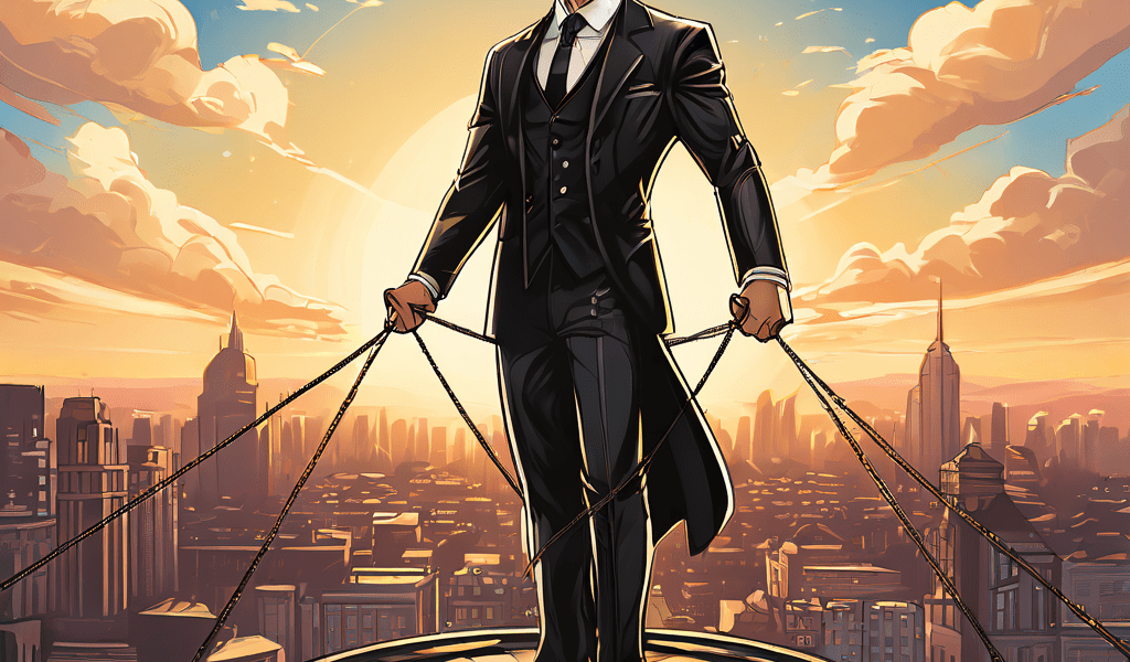 정장을 입은 줄타기 곡예사가 도시 풍경 위에서 한쪽에는 정의의 저울을, 다른 한쪽에는 지역사회 문장이 새겨진 방패를 균형 있게 들고 있는 모습을 상징적으로 표현한 이미지입니다.
