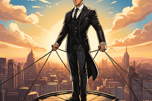 정장을 입은 줄타기 곡예사가 도시 풍경 위에서 한쪽에는 정의의 저울을, 다른 한쪽에는 지역사회 문장이 새겨진 방패를 균형 있게 들고 있는 모습을 상징적으로 표현한 이미지입니다.