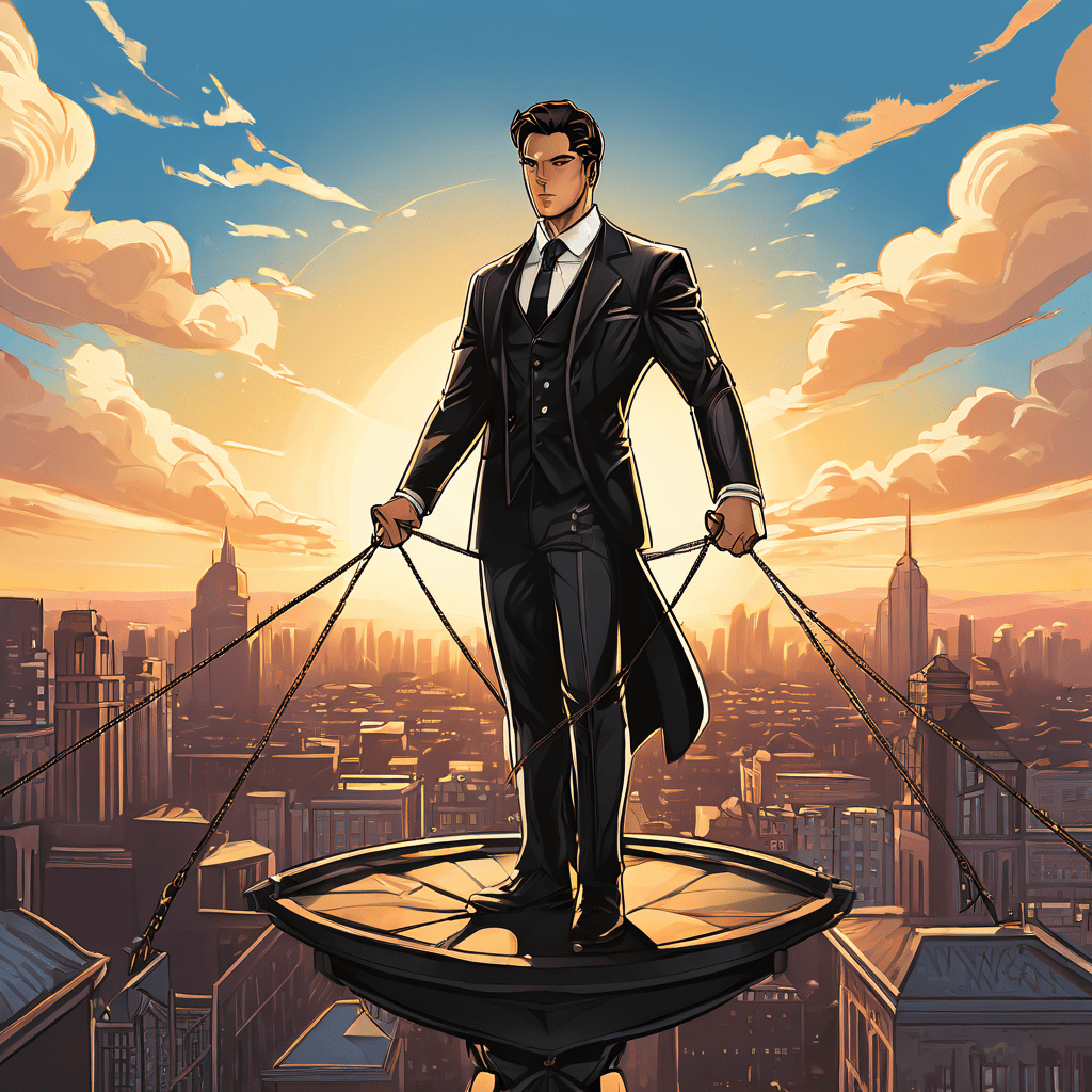 정장을 입은 줄타기 곡예사가 도시 풍경 위에서 한쪽에는 정의의 저울을, 다른 한쪽에는 지역사회 문장이 새겨진 방패를 균형 있게 들고 있는 모습을 상징적으로 표현한 이미지입니다.