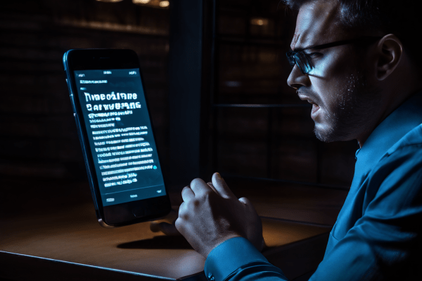 직장 내 괴롭힘에 직면한 회사원이 상사의 폭언이 담긴 스마트폰 문자 메시지를 보며 공개 고발의 딜레마에 빠진 심정을 표현한 이미지입니다.