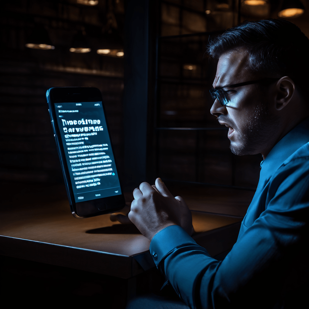 직장 내 괴롭힘에 직면한 회사원이 상사의 폭언이 담긴 스마트폰 문자 메시지를 보며 공개 고발의 딜레마에 빠진 심정을 표현한 이미지입니다.