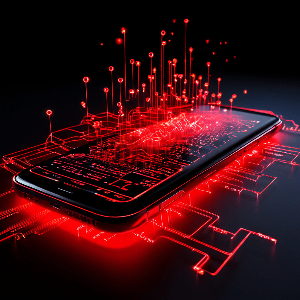 사기 전화 공격 패턴을 3차원 데이터 시각화로 표현한 것으로, 중앙의 스마트폰을 향해 빨간색 공격 벡터가 집중적으로 수렴되는 모습을 보여줍니다.