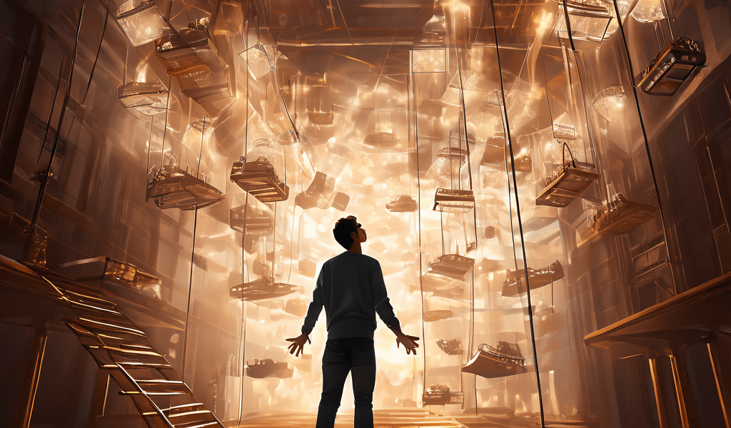 거대한 투명 쥐덫에 갇힌 사람과 천장에서 울려 퍼지는 육중한 발걸음 소리가 심리적 포박감과 외부의 위협을 상징적으로 표현한 이미지입니다.