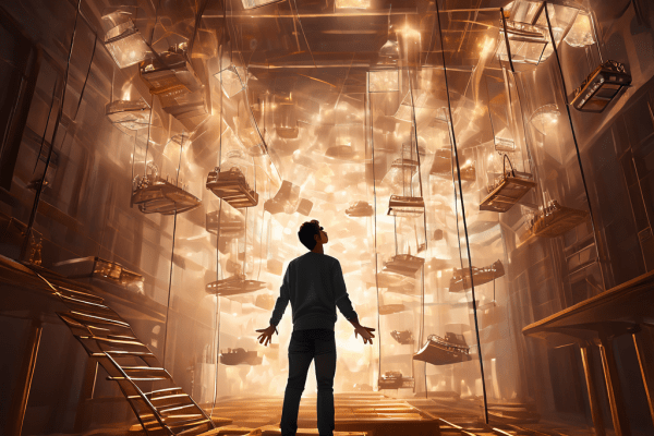 거대한 투명 쥐덫에 갇힌 사람과 천장에서 울려 퍼지는 육중한 발걸음 소리가 심리적 포박감과 외부의 위협을 상징적으로 표현한 이미지입니다.