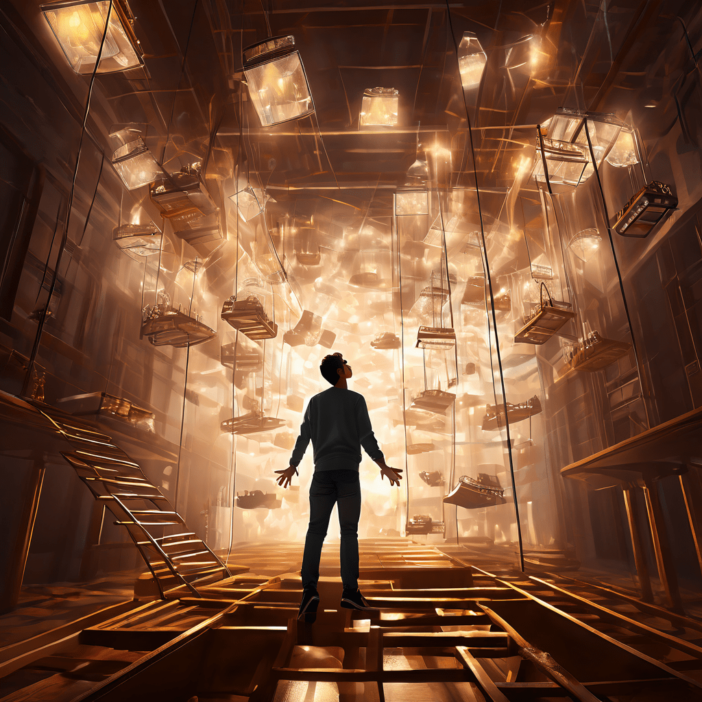 거대한 투명 쥐덫에 갇힌 사람과 천장에서 울려 퍼지는 육중한 발걸음 소리가 심리적 포박감과 외부의 위협을 상징적으로 표현한 이미지입니다.