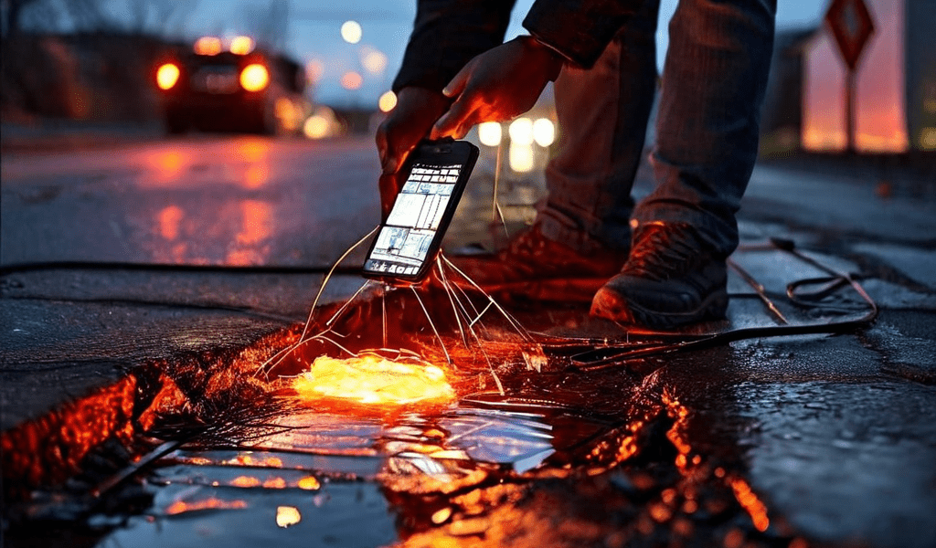 한 시민이 스마트폰으로 도로의 포트홀을 신고하는 작은 행동이 안전한 도로를 복구하고 지역사회를 연결하는 빛나는 네트워크를 활성화하는 모습을 상징적으로 표현한 이미지입니다.