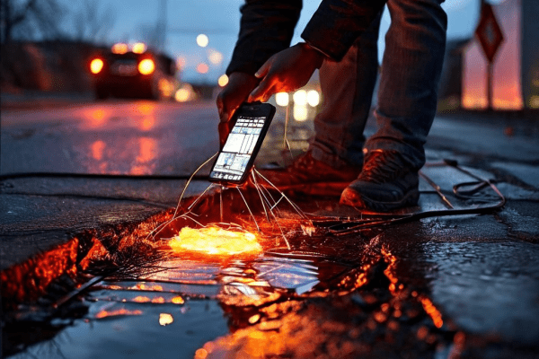 한 시민이 스마트폰으로 도로의 포트홀을 신고하는 작은 행동이 안전한 도로를 복구하고 지역사회를 연결하는 빛나는 네트워크를 활성화하는 모습을 상징적으로 표현한 이미지입니다.