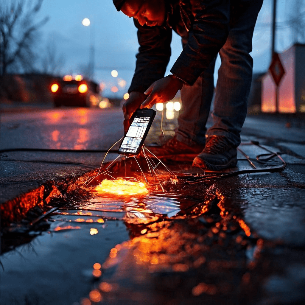한 시민이 스마트폰으로 도로의 포트홀을 신고하는 작은 행동이 안전한 도로를 복구하고 지역사회를 연결하는 빛나는 네트워크를 활성화하는 모습을 상징적으로 표현한 이미지입니다.