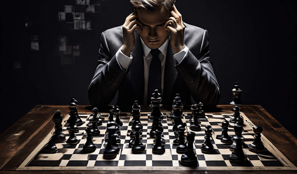 심리적 조작을 상징하는 정교한 체스판 위에서 한 통의 전화가 단순 사기를 넘어 감정을 교묘히 통제하고 연쇄적 반응을 일으키는 과정을 표현한 이미지입니다.