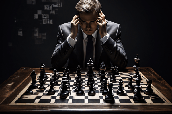 심리적 조작을 상징하는 정교한 체스판 위에서 한 통의 전화가 단순 사기를 넘어 감정을 교묘히 통제하고 연쇄적 반응을 일으키는 과정을 표현한 이미지입니다.