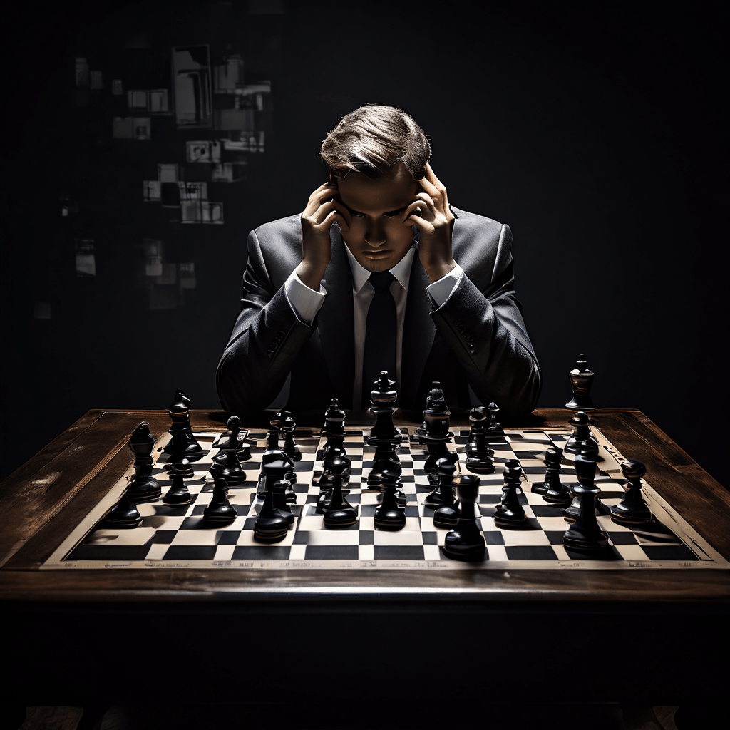 심리적 조작을 상징하는 정교한 체스판 위에서 한 통의 전화가 단순 사기를 넘어 감정을 교묘히 통제하고 연쇄적 반응을 일으키는 과정을 표현한 이미지입니다.