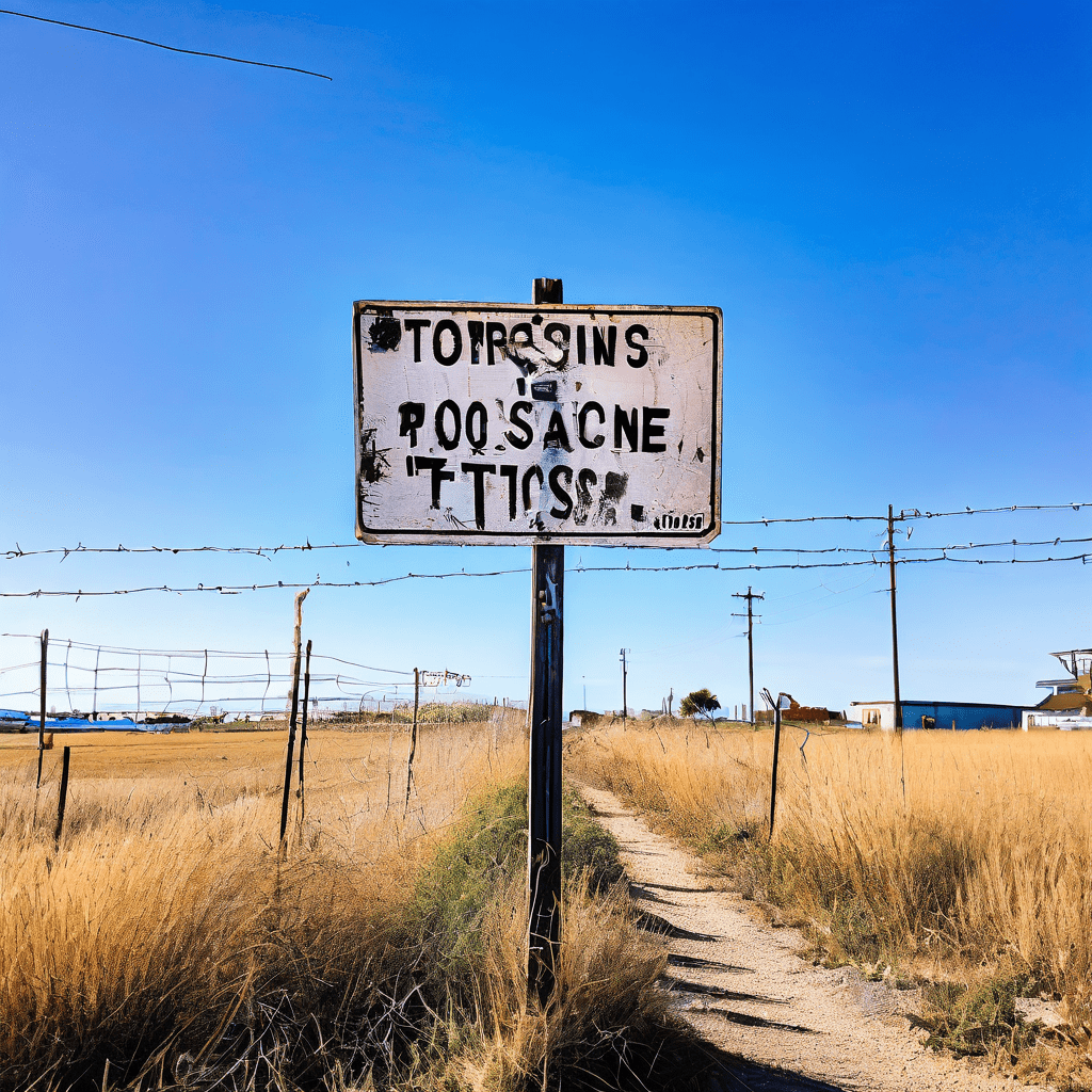 개인의 시위 피켓이 재산 경계선을 넘나들며 무단 침입 경고문으로 변형되어 사유재산권과 표현의 자유 사이의 갈등을 상징적으로 보여주는 이미지입니다.