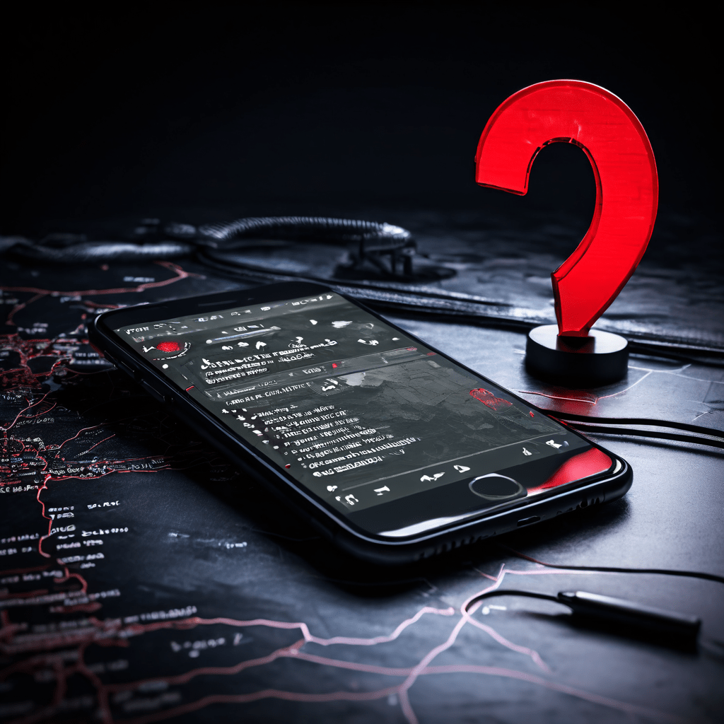 스마트폰 화면에 욕설이 담긴 문자 메시지가 캡처되어 있고, 옆에는 군사 작전 지도와 커다란 빨간색 물음표가 배치되어 사이버 공격과 보안 위협의 심각성을 시각적으로 표현한 이미지입니다.