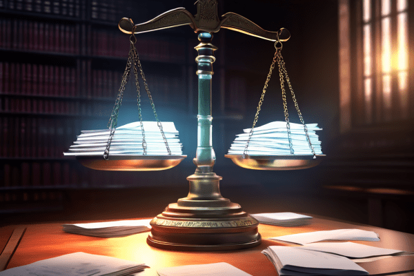 디지털 증거의 중요성을 상징적으로 보여주는 법정 저울이 빛나는 디지털 파일과 퇴색하는 종이 문서의 대비를 통해 디지털 전환과 법적 효력을 설명하는 이미지입니다.