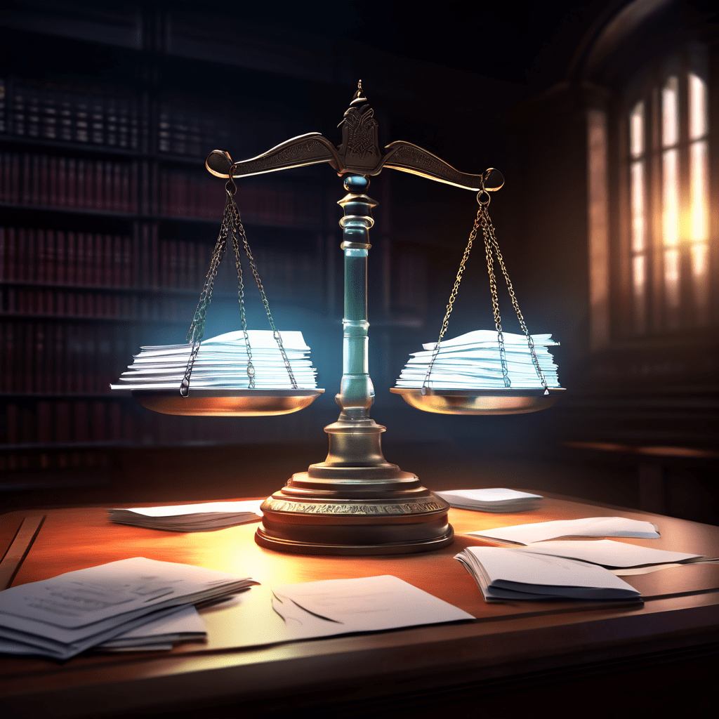 디지털 증거의 중요성을 상징적으로 보여주는 법정 저울이 빛나는 디지털 파일과 퇴색하는 종이 문서의 대비를 통해 디지털 전환과 법적 효력을 설명하는 이미지입니다.