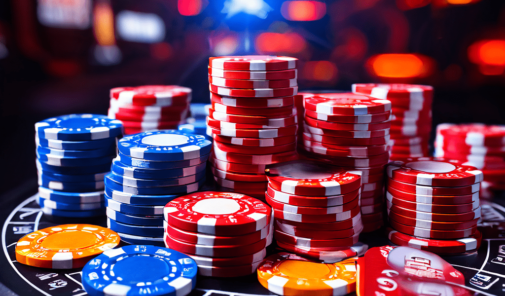 A dealer's hand placing a single casino chip on a green felt table next to a scattered pile of silver coins and a blank playing ca