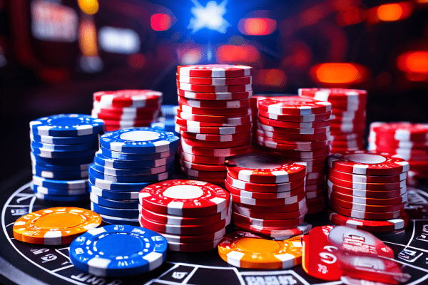 A dealer's hand placing a single casino chip on a green felt table next to a scattered pile of silver coins and a blank playing ca