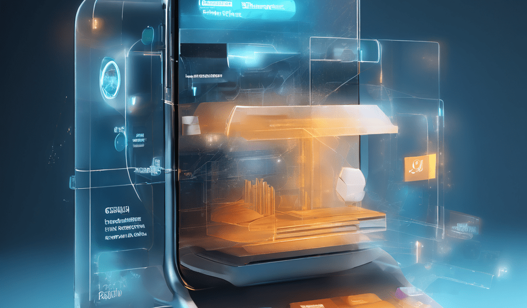 Futuristic mobile fintech interface showing where the withdrawal step begins, with layered glow and secure data flow paths.