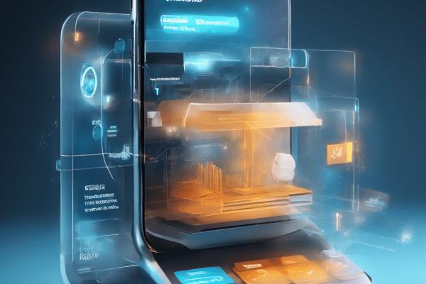 Futuristic mobile fintech interface showing where the withdrawal step begins, with layered glow and secure data flow paths.