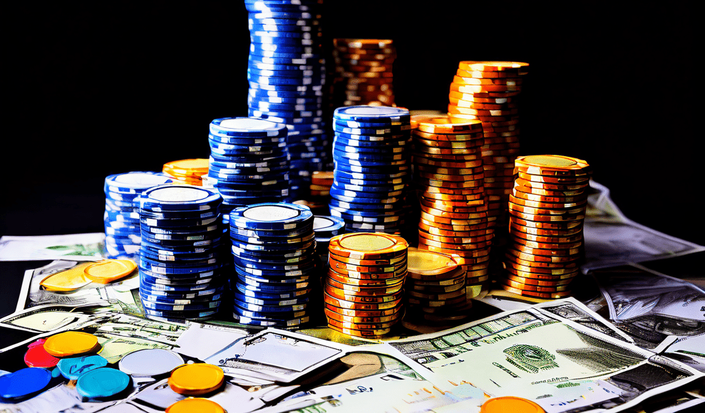 A person's hand placing a single red casino chip onto a green felt table, with a blurred stack of chips and a playing card in the