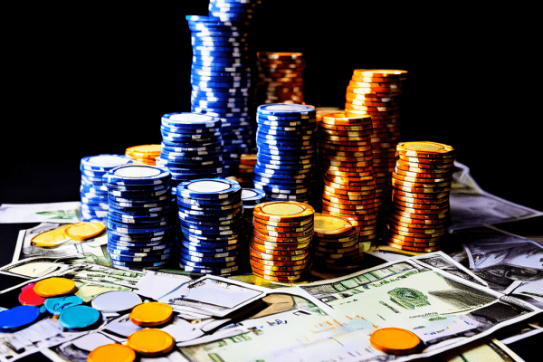A person's hand placing a single red casino chip onto a green felt table, with a blurred stack of chips and a playing card in the